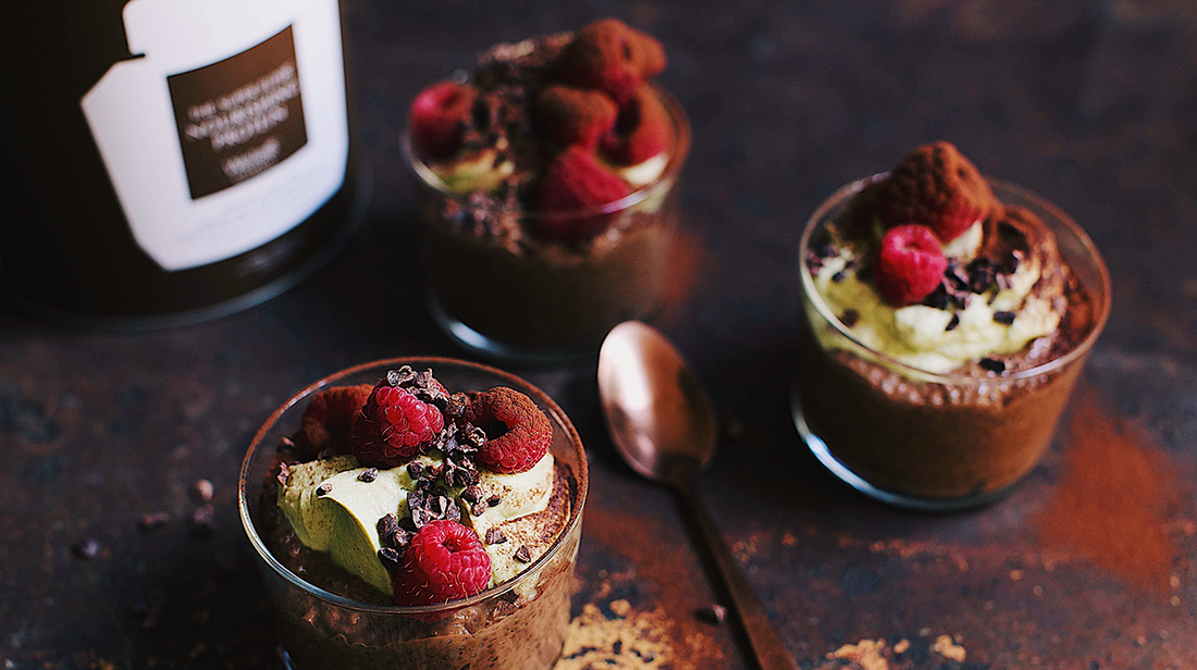 Chocolate Chia Puddings with Matcha Coconut Yoghurt