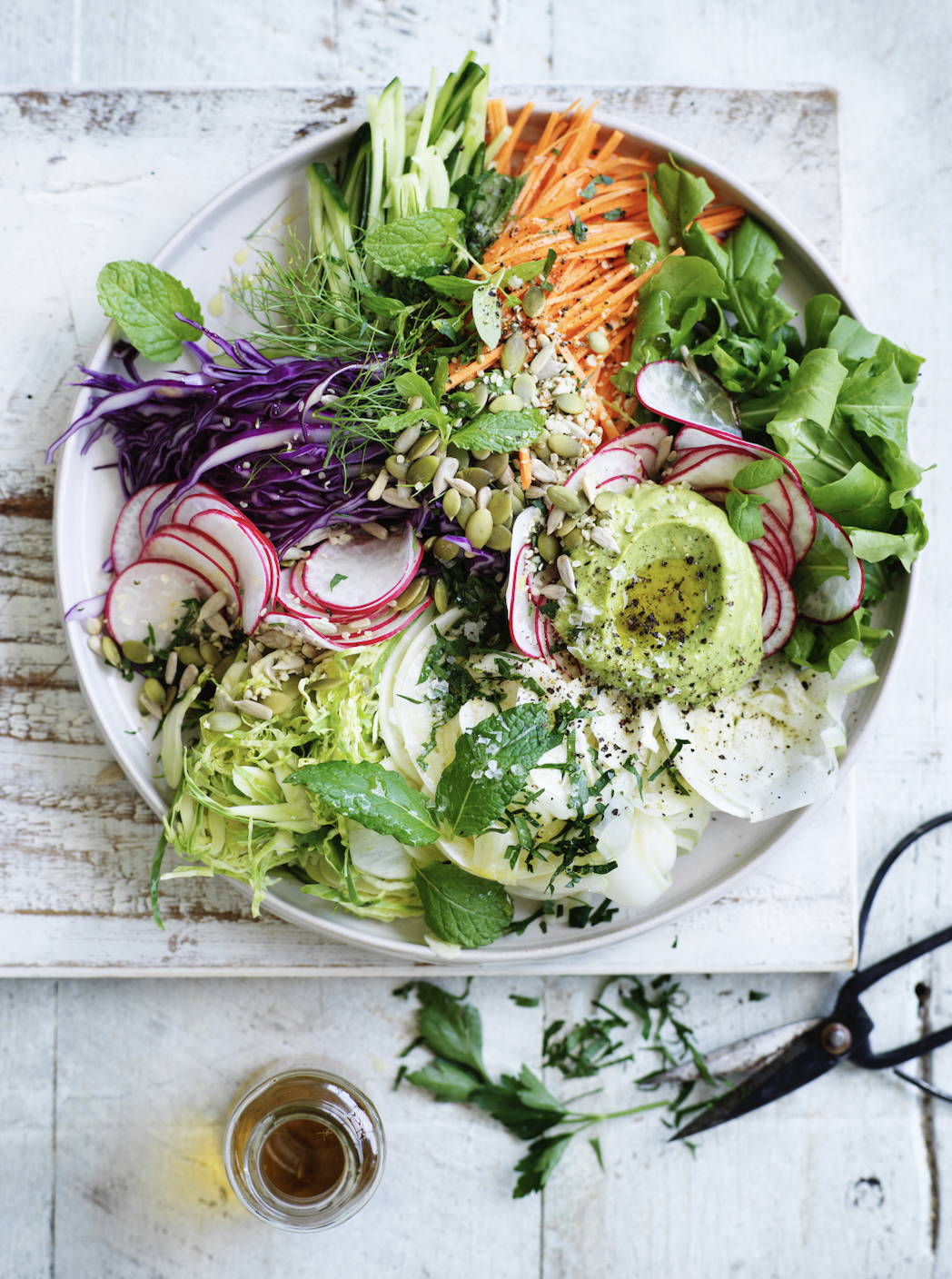 Super Raw Salad with Avocado and Tahini Dressing